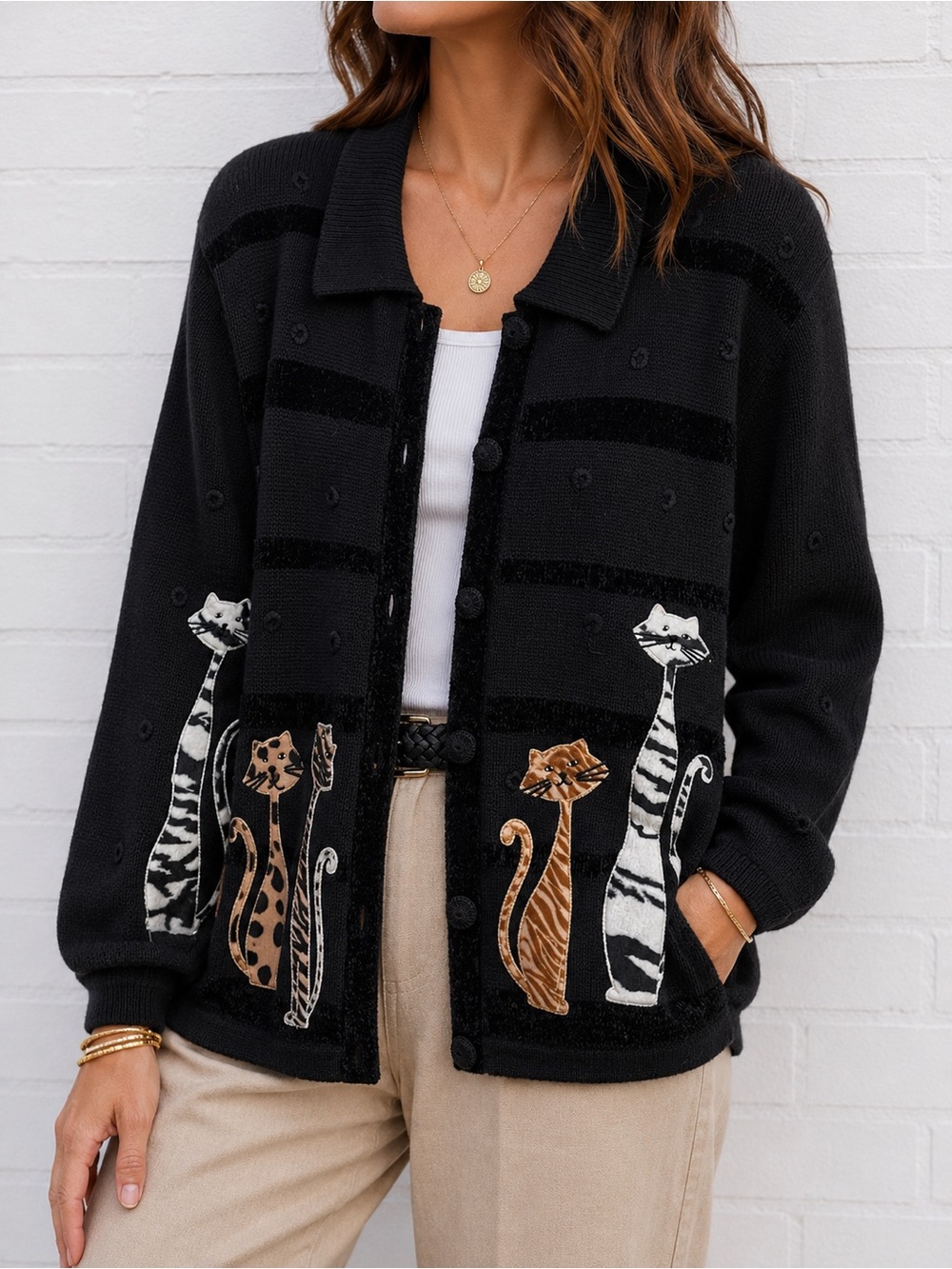 Vintage Victoria Harbour Tiger Giraffe Safari Animal Print Ramie Cotton Cardigan